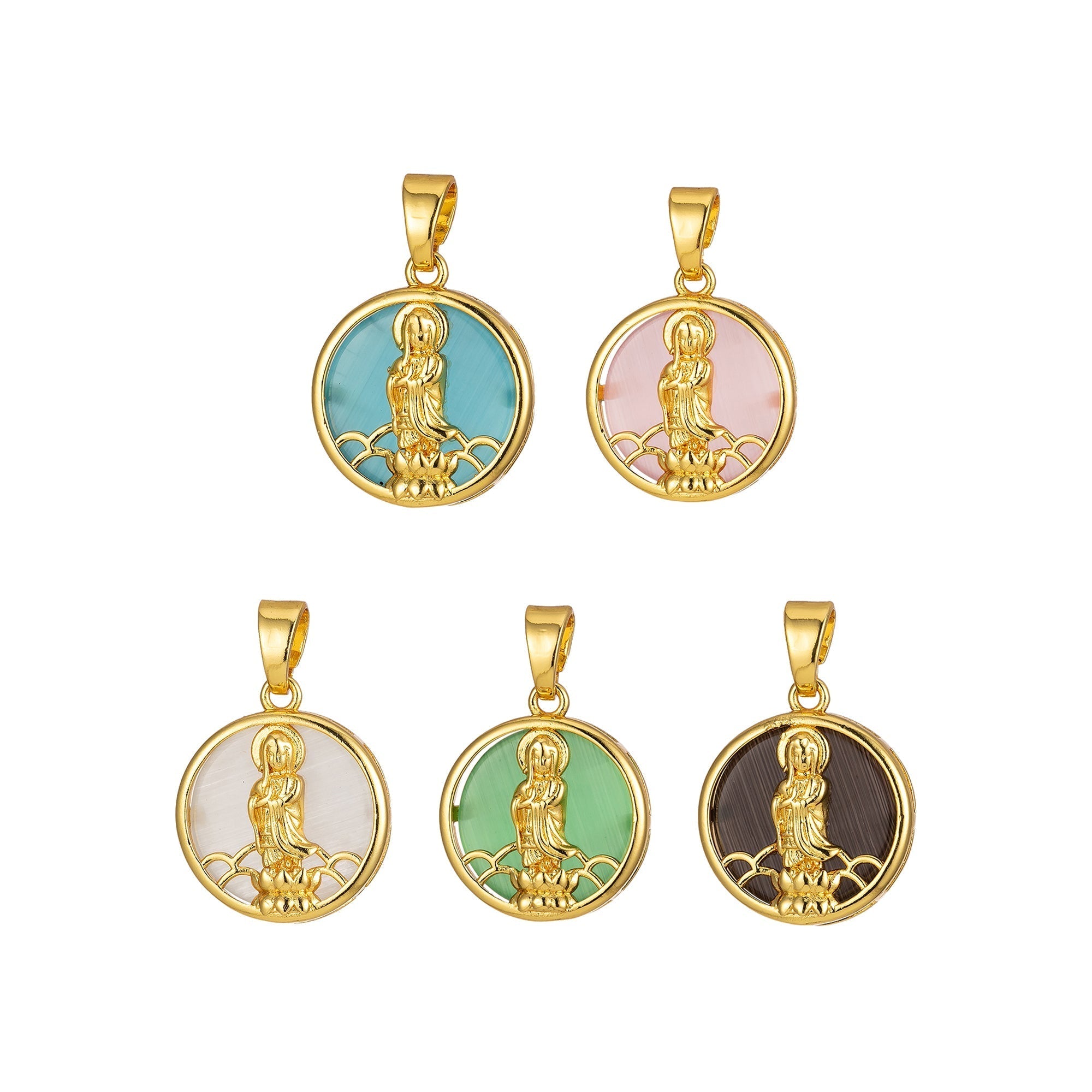 14K Gold plated Quan Yin Pendant Buddha Kuan Yin Dainty Round Religious Pendant | J296 - J300