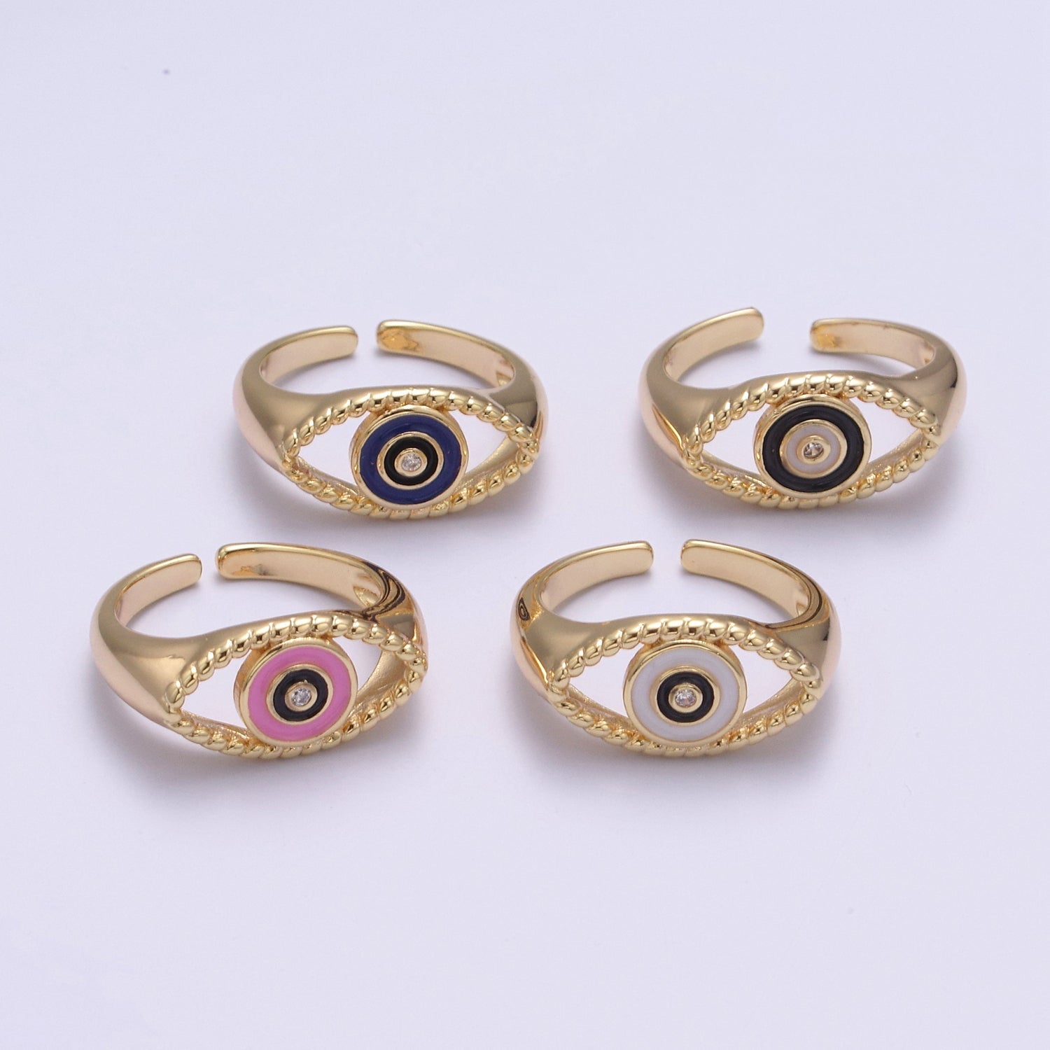 24K Gold plated Blue, White, Black, Pink Enamel CZ Open Evil Eye Signet Ring | U254 - U257