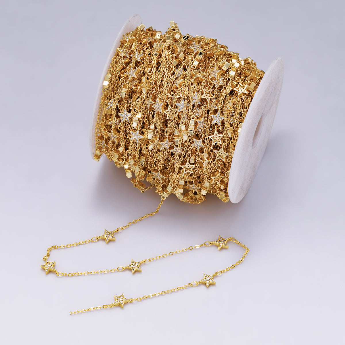 24K Gold plated Cubic Star Chain by Yard, Polaris CZ Charm Specialty Link Chain by Foot, North Star 6.8mm x6.8mm Chain 0.7mm Thick | ROLL-415 Clearance Pricing
