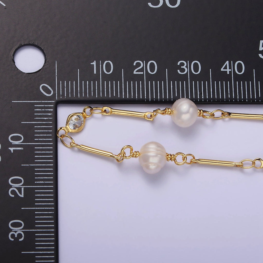 14K Gold plated Ringed Button White Freshwater Pearl Clear CZ Unfinished Jewelry Making Chain | ROLL-1410 - DLUXCA