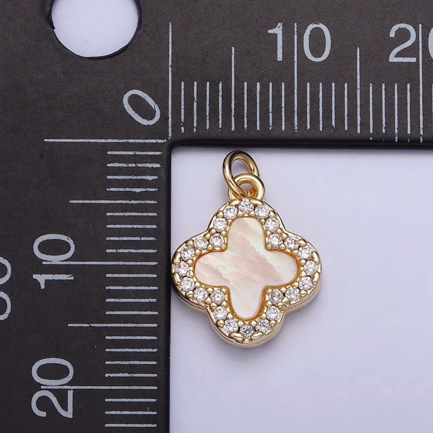 14K Gold plated 10.5mm Clover Quatrefoil Shell Pearl CZ Micro Paved Charm | AC730 - DLUXCA