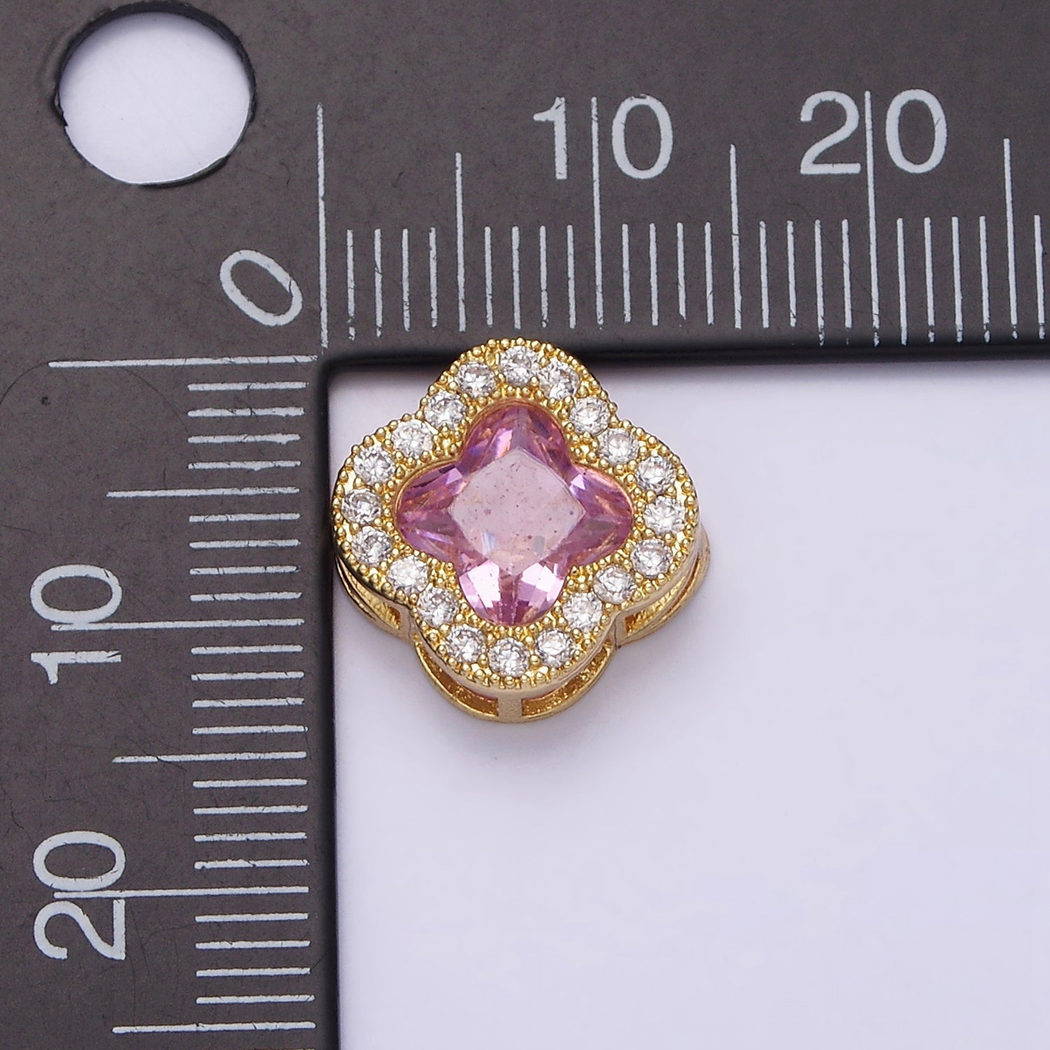24K Gold plated 11.5mm Pink Micro Paved CZ Quatrefoil Clover Bead | AC862 - DLUXCA