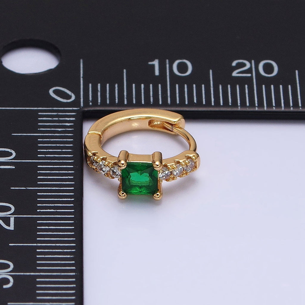 16K Gold plated Emerald Green Square CZ Micro Paved Cartilage Huggie Earrings in Gold & Silver | AB815 AB657