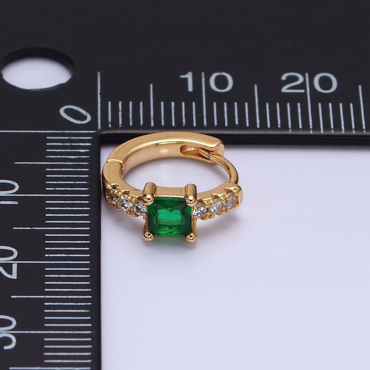 16K Gold plated Emerald Green Square CZ Micro Paved Cartilage Huggie Earrings in Gold & Silver | AB815 AB657