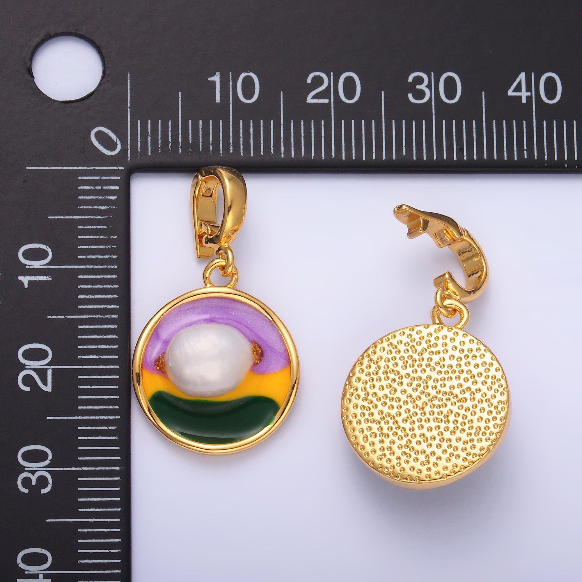24K Gold plated Pearl Colorful Artsy Coin Charm with Snap Bail Pendant | AA-1469