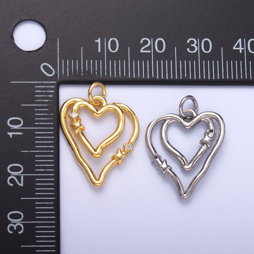24K Gold plated CZ Star Heart Double Band Charm in Gold & Silver | N016