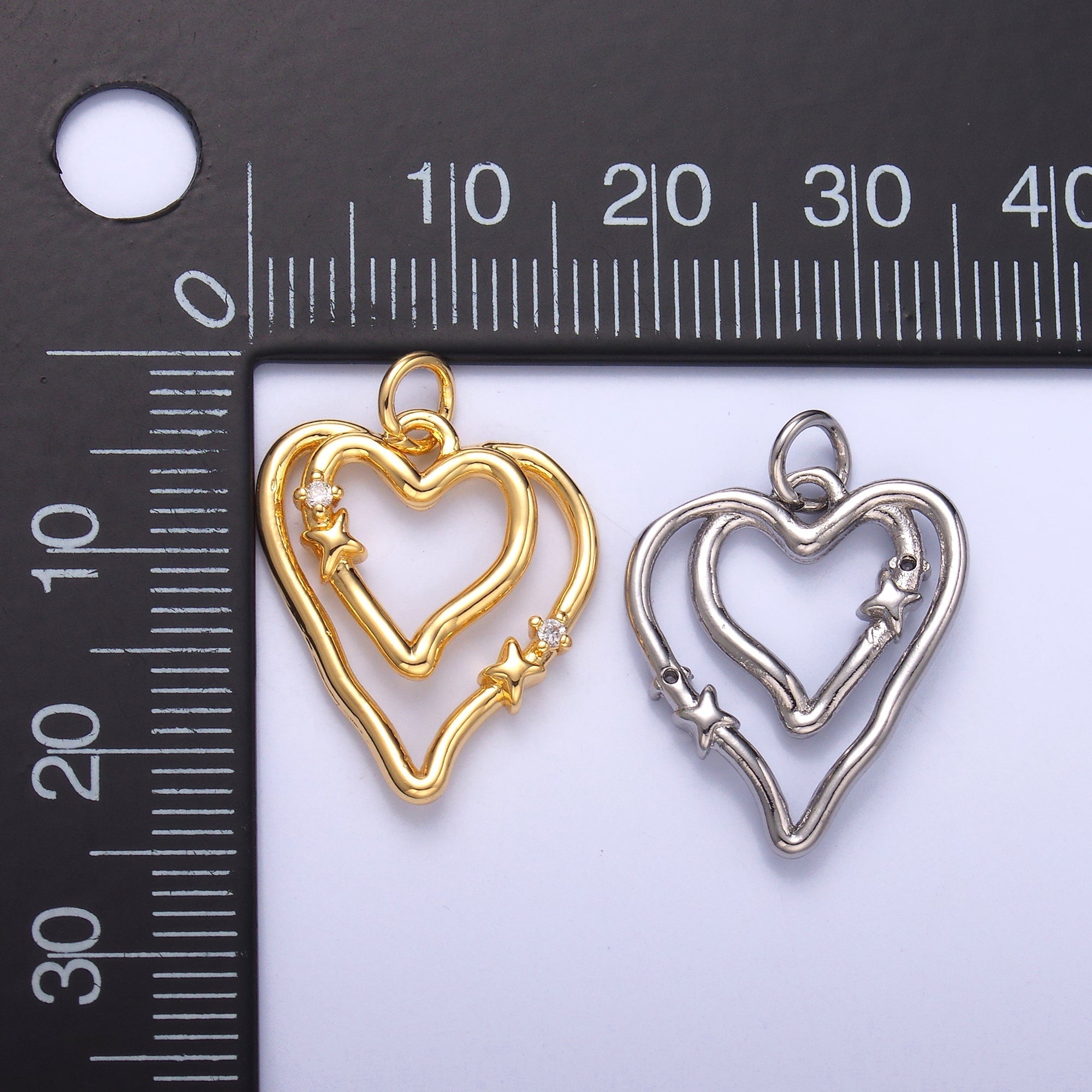 24K Gold plated CZ Star Heart Double Band Charm in Gold & Silver | N016