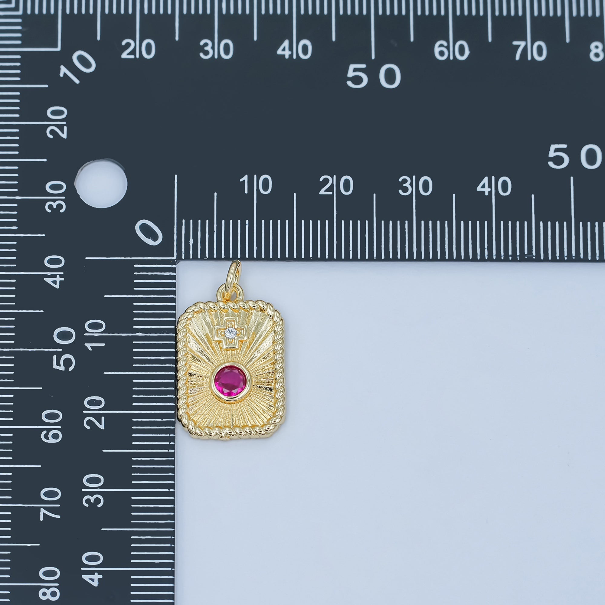 24K Gold plated Cross Red CZ Sunburst Twisted Bezel Charm | M625