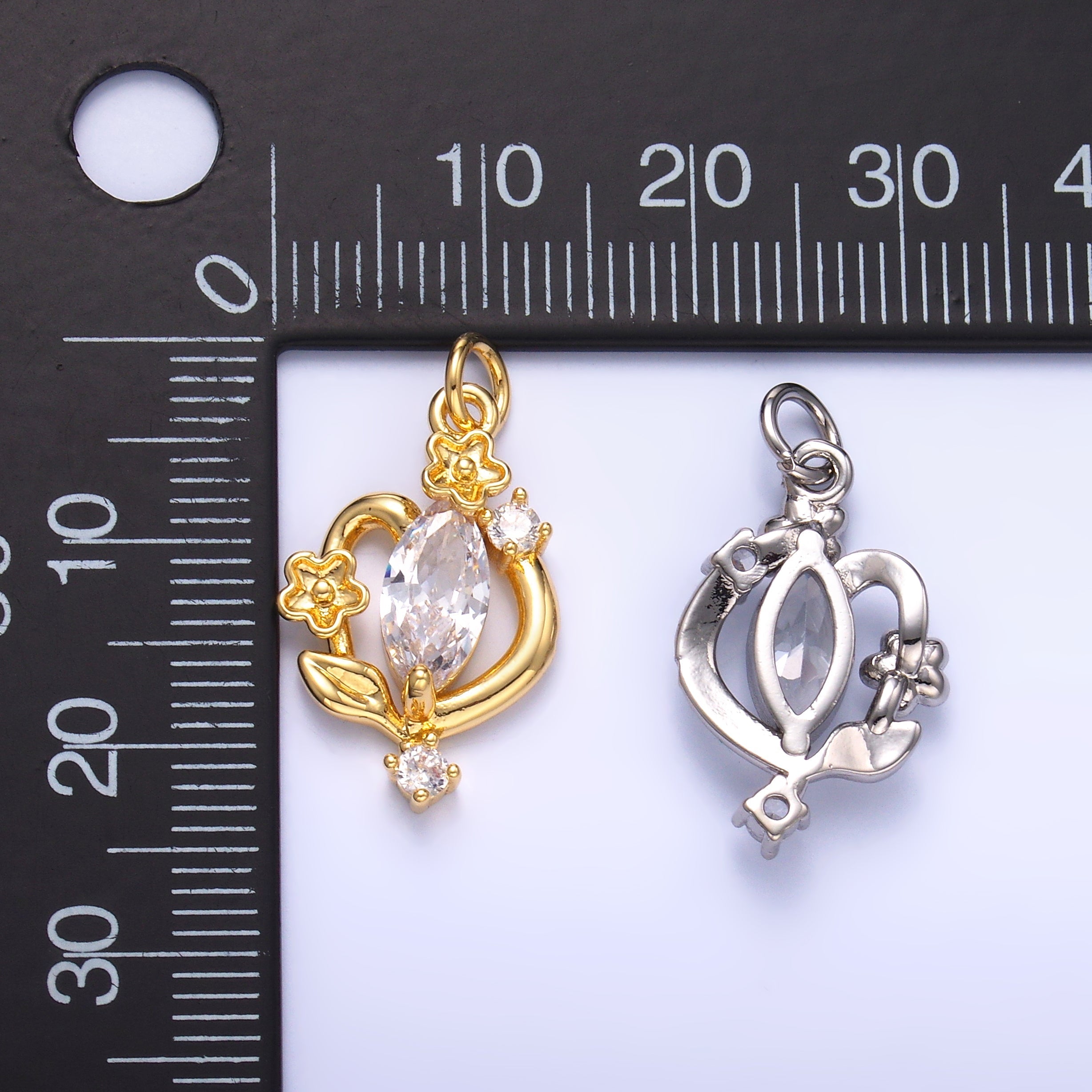 24K Gold plated Marquise CZ Vine Flower Charm in Gold & Silver | C031