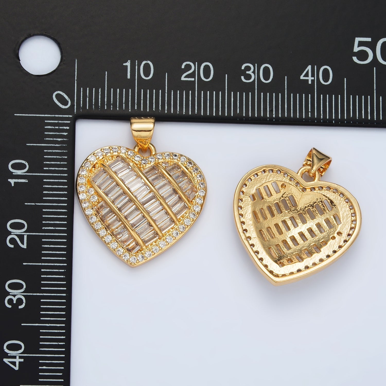 24K Gold plated 25mm Baguette Micro Paved CZ Lined Heart Pendant | I459