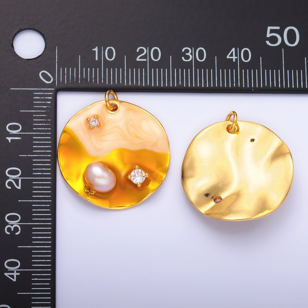 Yellow Gold Coin Charm enamel with pearl beads 24k Gold plated M-258