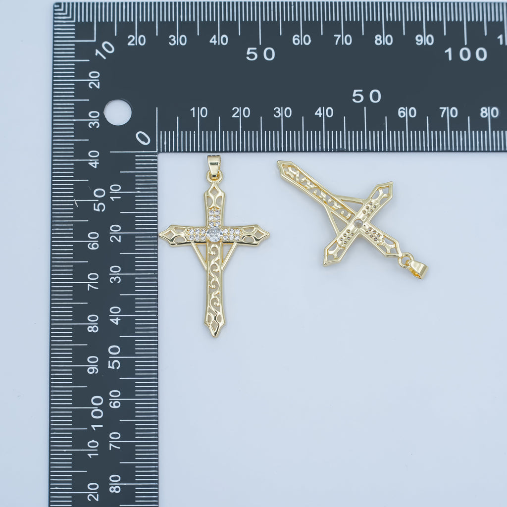 24K Gold plated Clear CZ Micro Paved Geometric Filigree Cross Pendant | AA1505