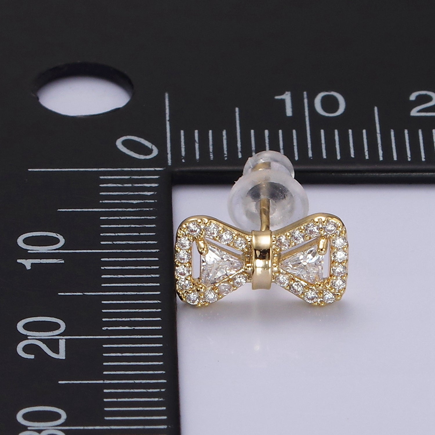 14K Gold plated Bow Ribbon Micro Paved Stud Earrings in Gold & Silver | V267 V268 - DLUXCA