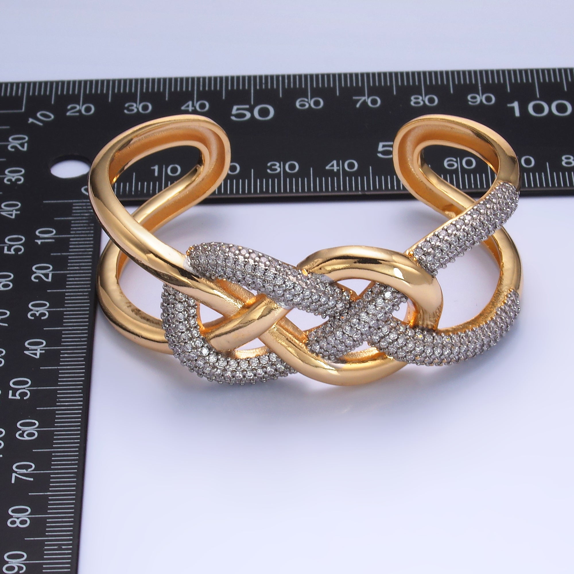 24K Gold plated Micro Paved CZ Mixed Metal Artisan Band Cuff Bracelet | WA-2725