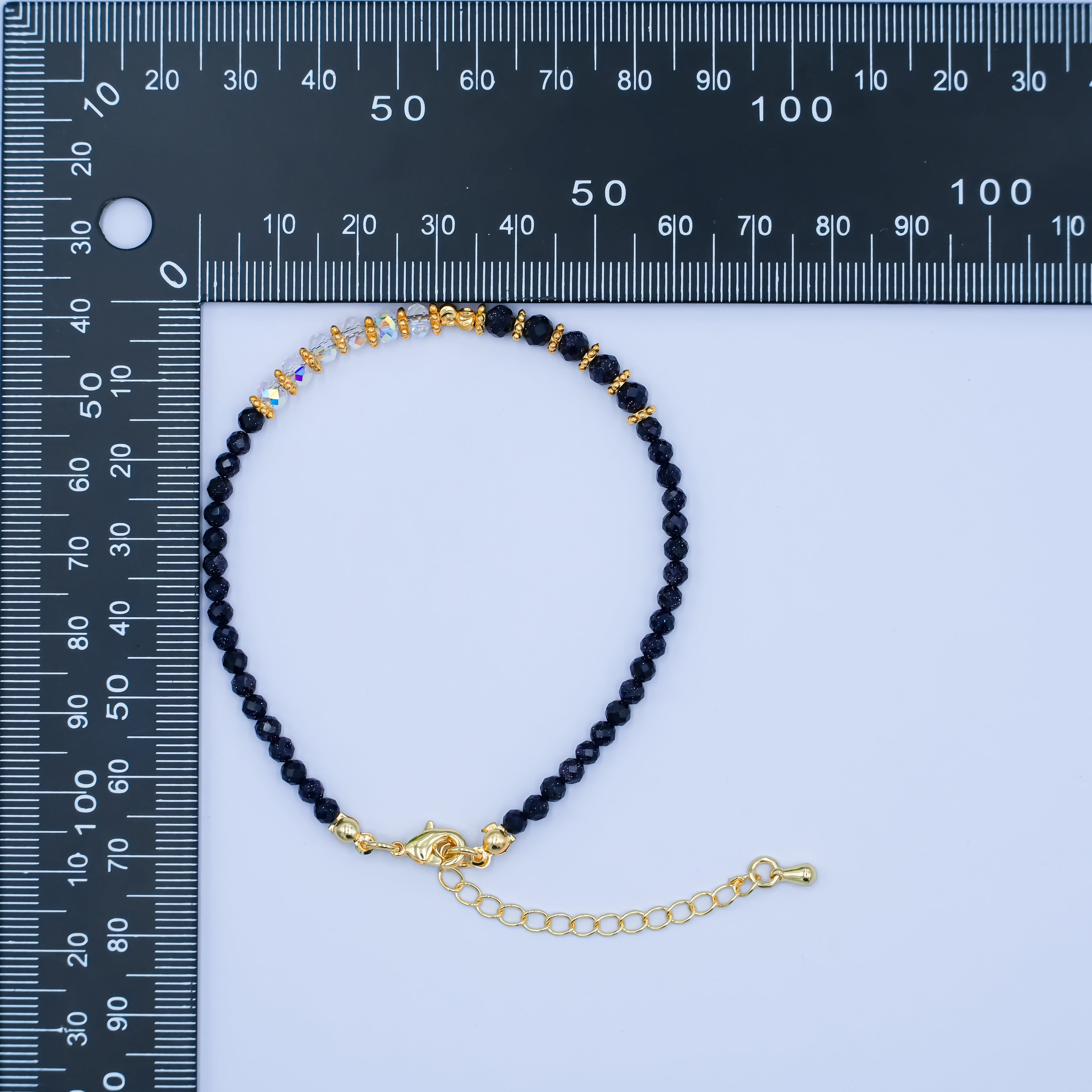 24K Gold plated 4mm AB Blue Black Goldstone Multifaceted Gemstone 7.5 Inch Bracelet | WA-2890