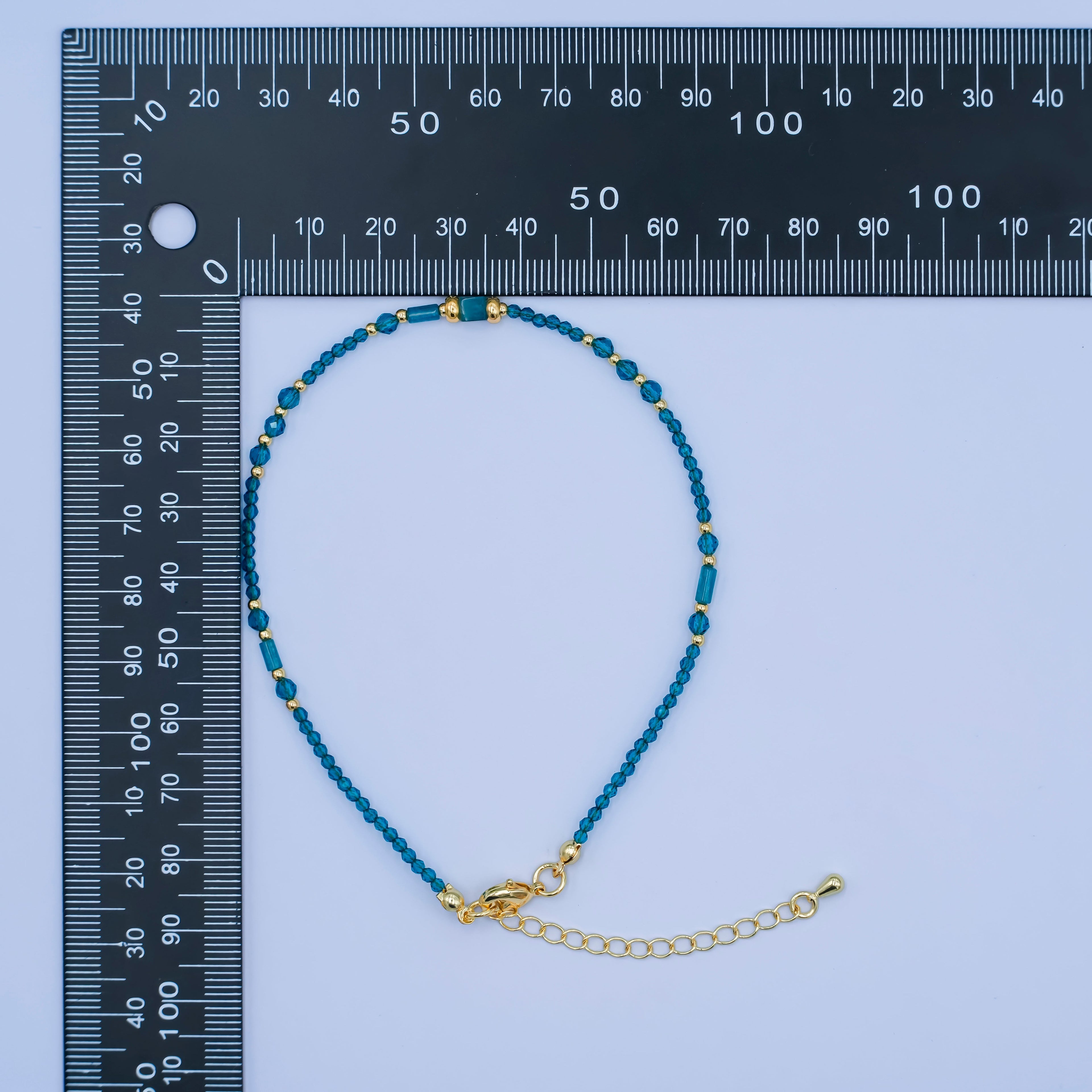 24K Gold plated 2mm Blue Multifaceted Gemstone 9 Inch Anklet Bracelet | WA-2947