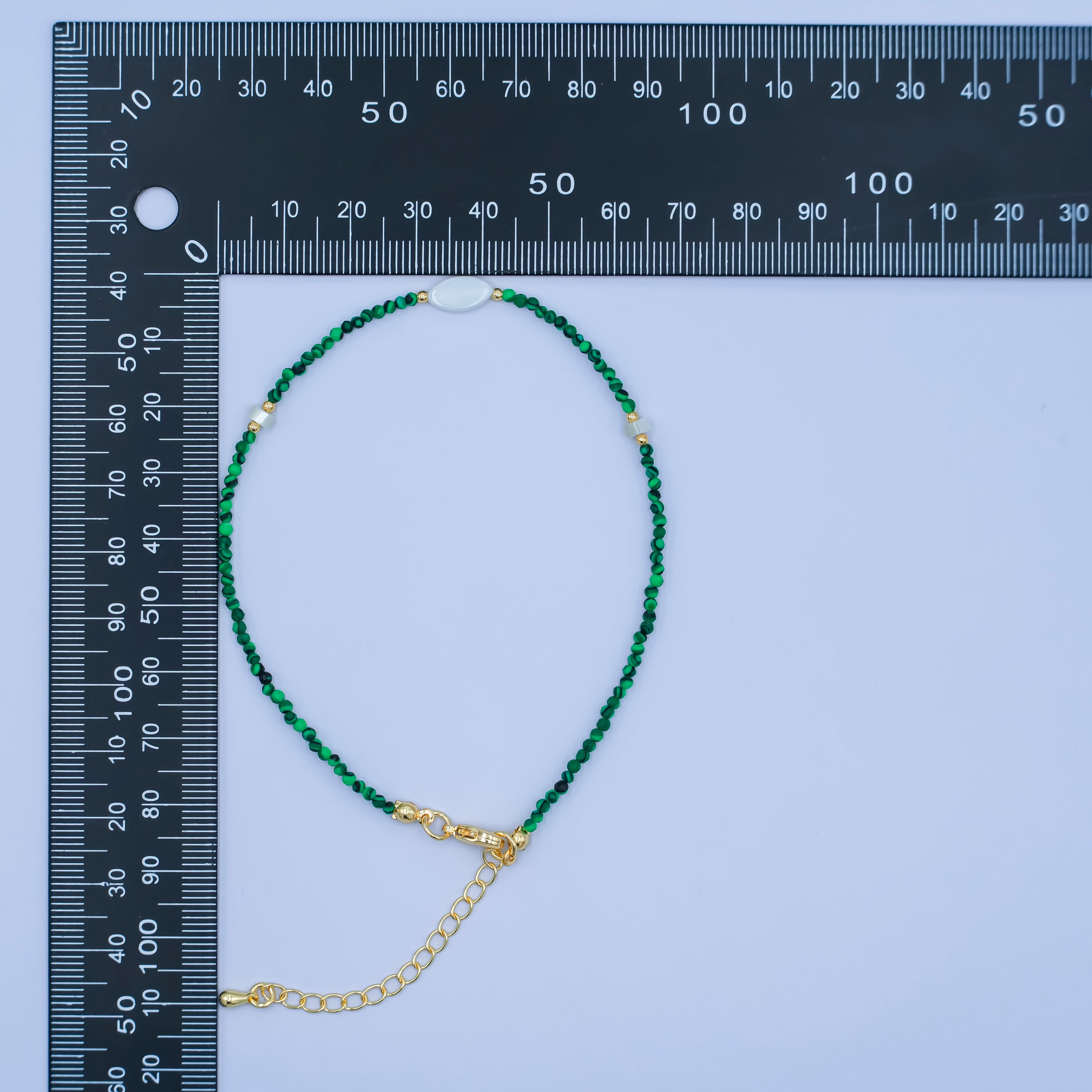24K Gold plated 2mm Shell Pearl Malachite Multifaceted Gemstone 9 Inch Anklet Bracelet | WA-2946