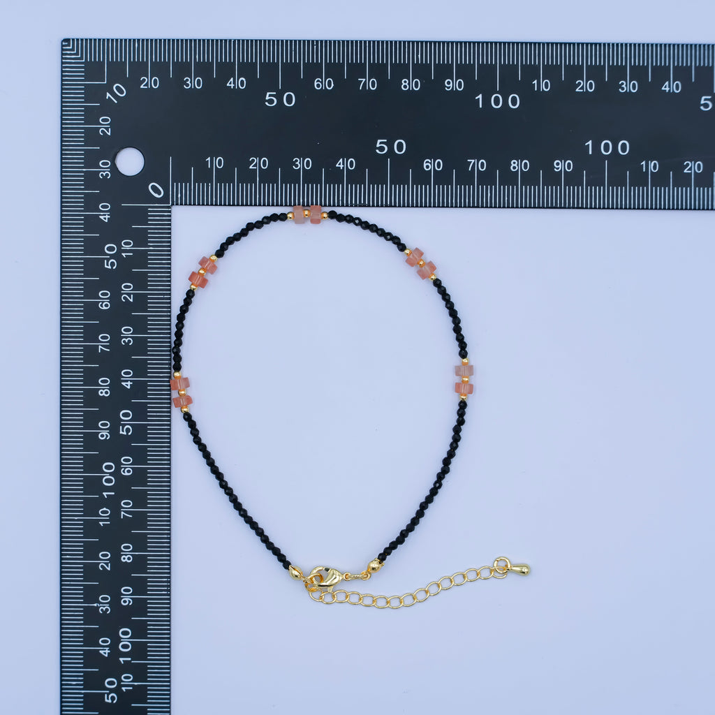 24K Gold plated 2mm Pink Black Multifaceted Gemstone 9 Inch Anklet | WA-2949