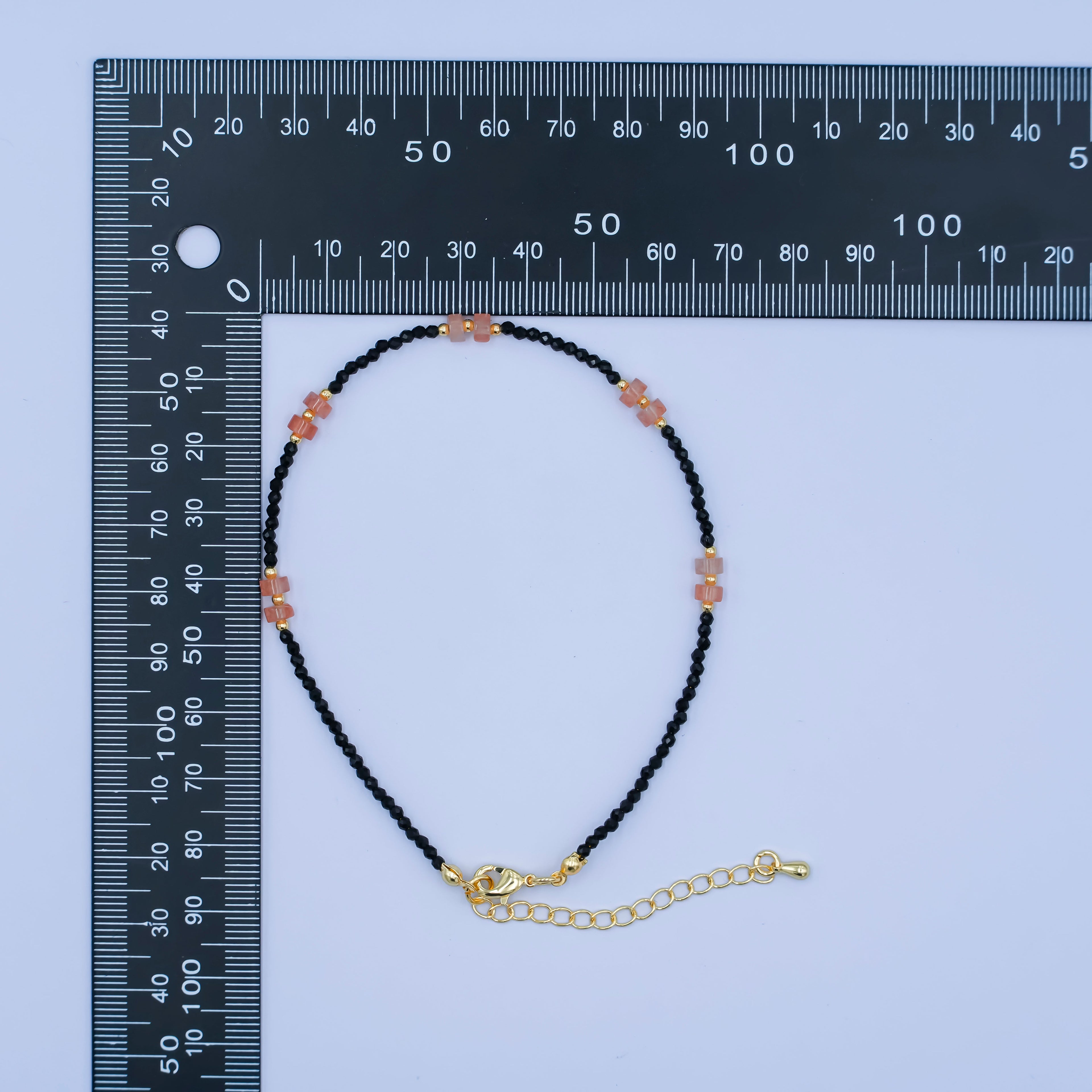 24K Gold plated 2mm Pink Black Multifaceted Gemstone 9 Inch Anklet | WA-2949