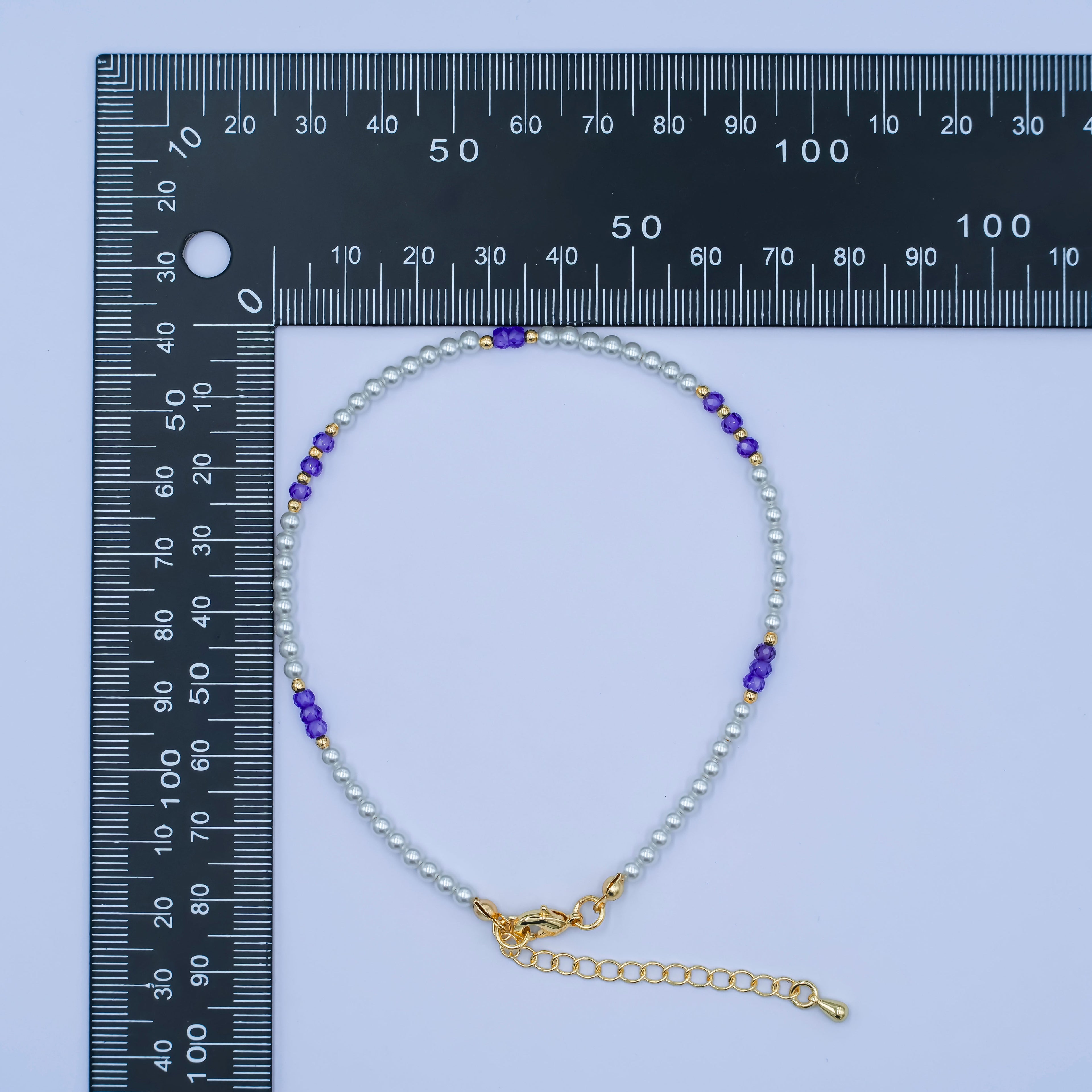 24K Gold plated 2mm Purple White Round Gemstone 9 Inch Anklet | WA-2948