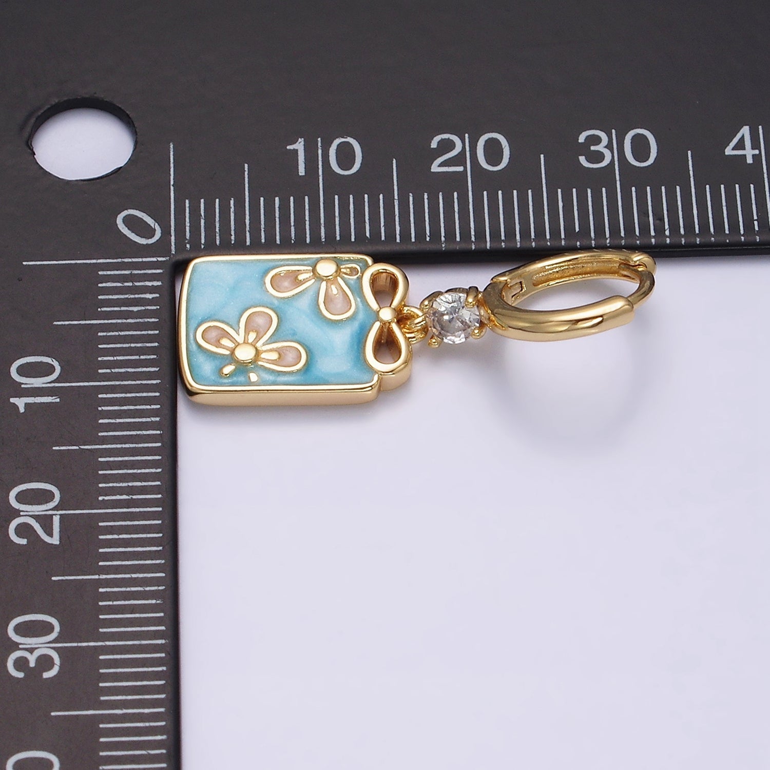 16K Gold plated Pink, White, Blue Sparkly Enamel Ribbon Bow Rectangular CZ Drop Huggie Earrings | AD-387 AD-388 AD-389