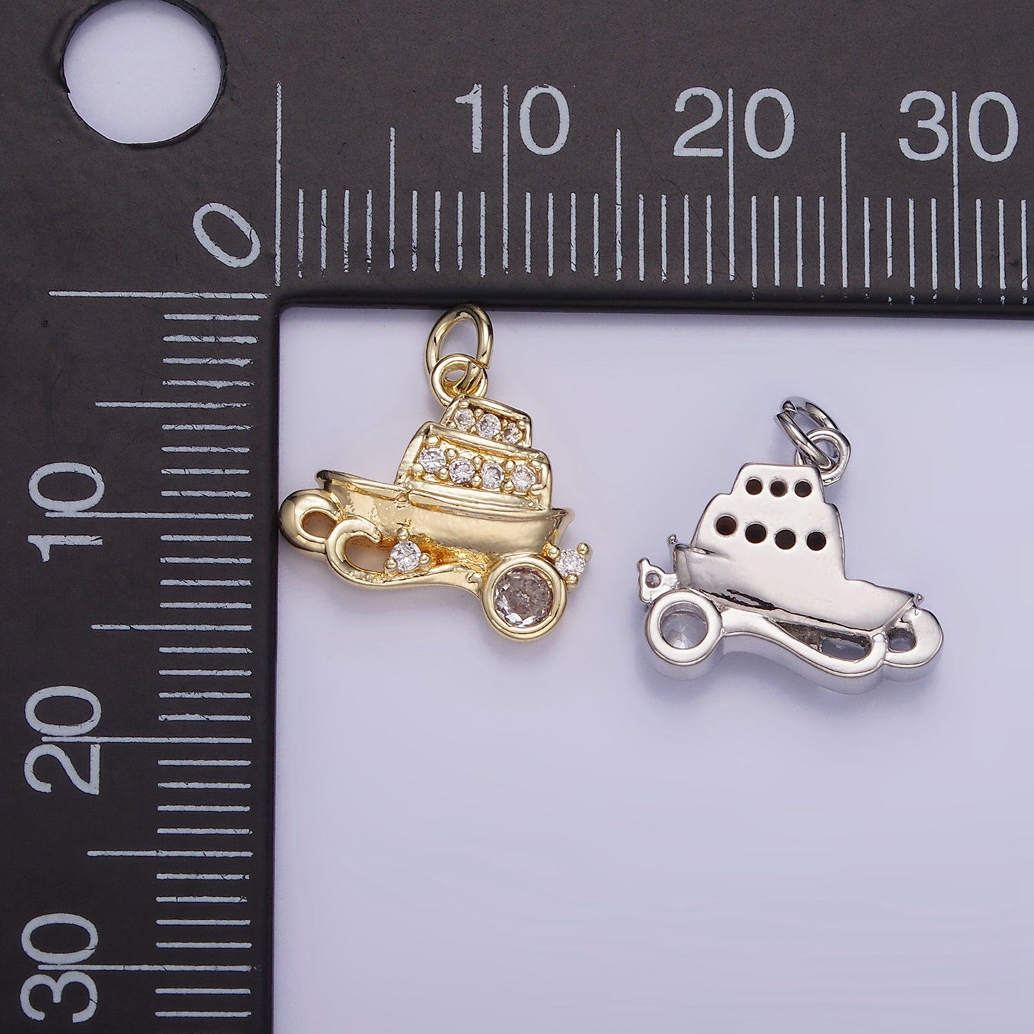 14K Gold plated 14mm Vehicle Motor Sea Boat CZ Micro Paved Charm in Gold & Silver | W537