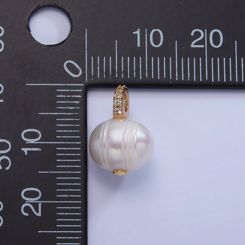14K Gold plated Ringed Button Freshwater Pearl Micro Paved CZ Bail Drop Pendant | P1708 - DLUXCA