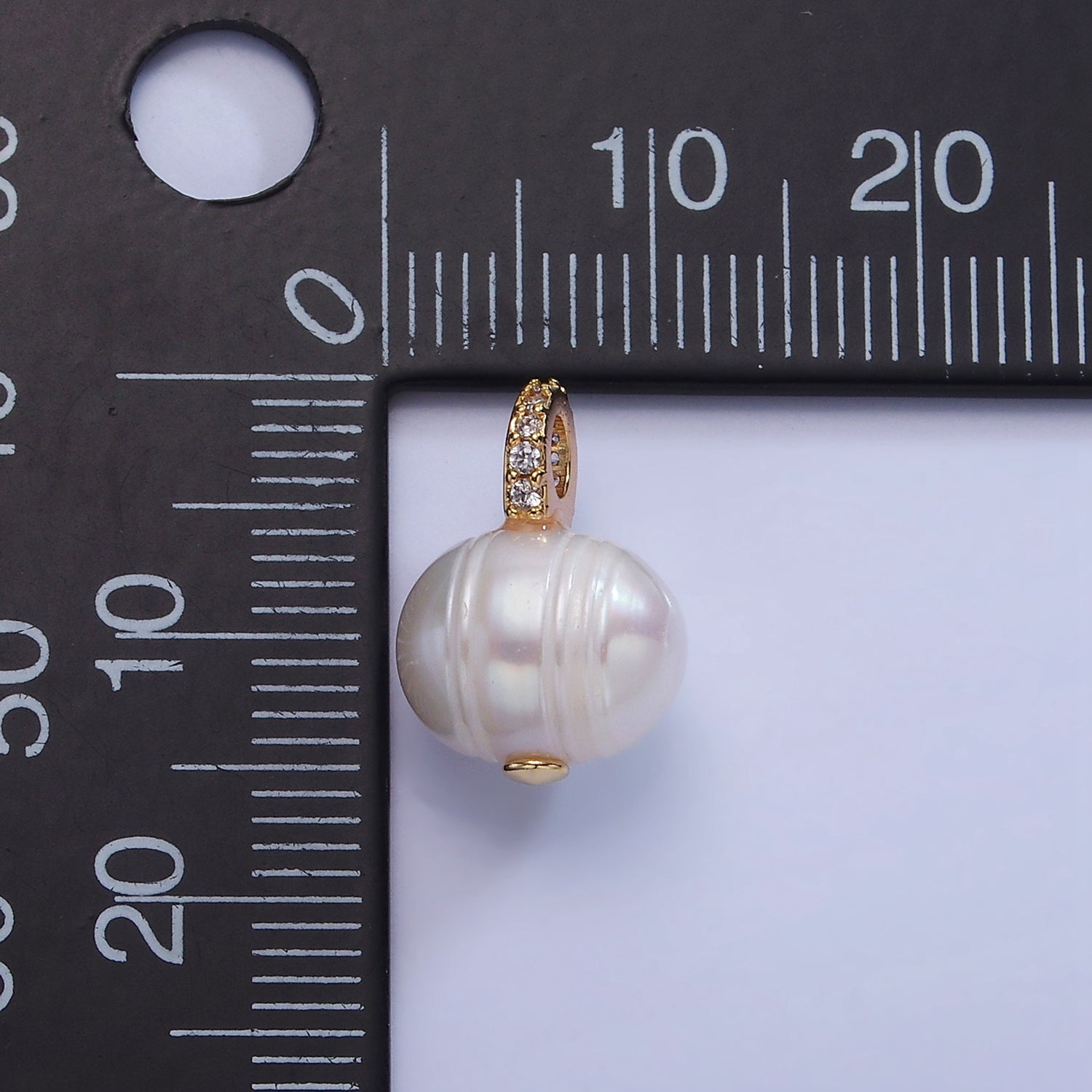 14K Gold plated Ringed Button Freshwater Pearl Micro Paved CZ Bail Drop Pendant | P1708 - DLUXCA