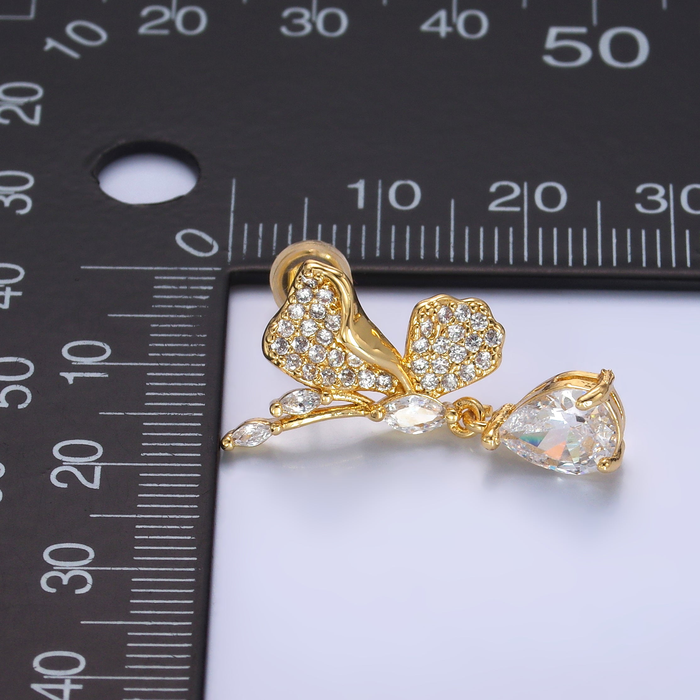 24K Gold plated Butterfly Micro Paved CZ Teardrop Drop Stud Earrings Set | AB711