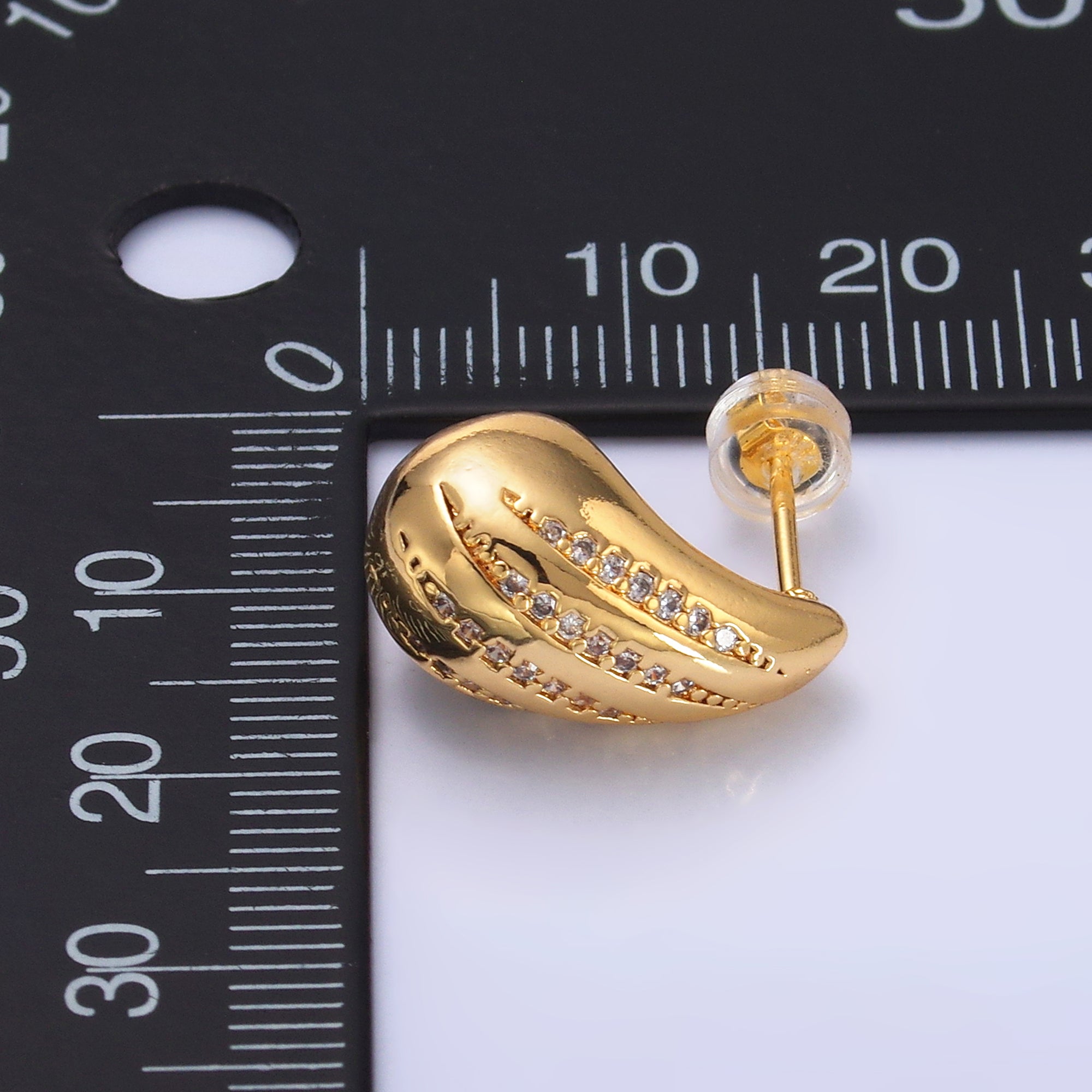 24K Gold plated Linear Micro Paved CZ Teardrop Dome Hoop Stud Earrings | AD212