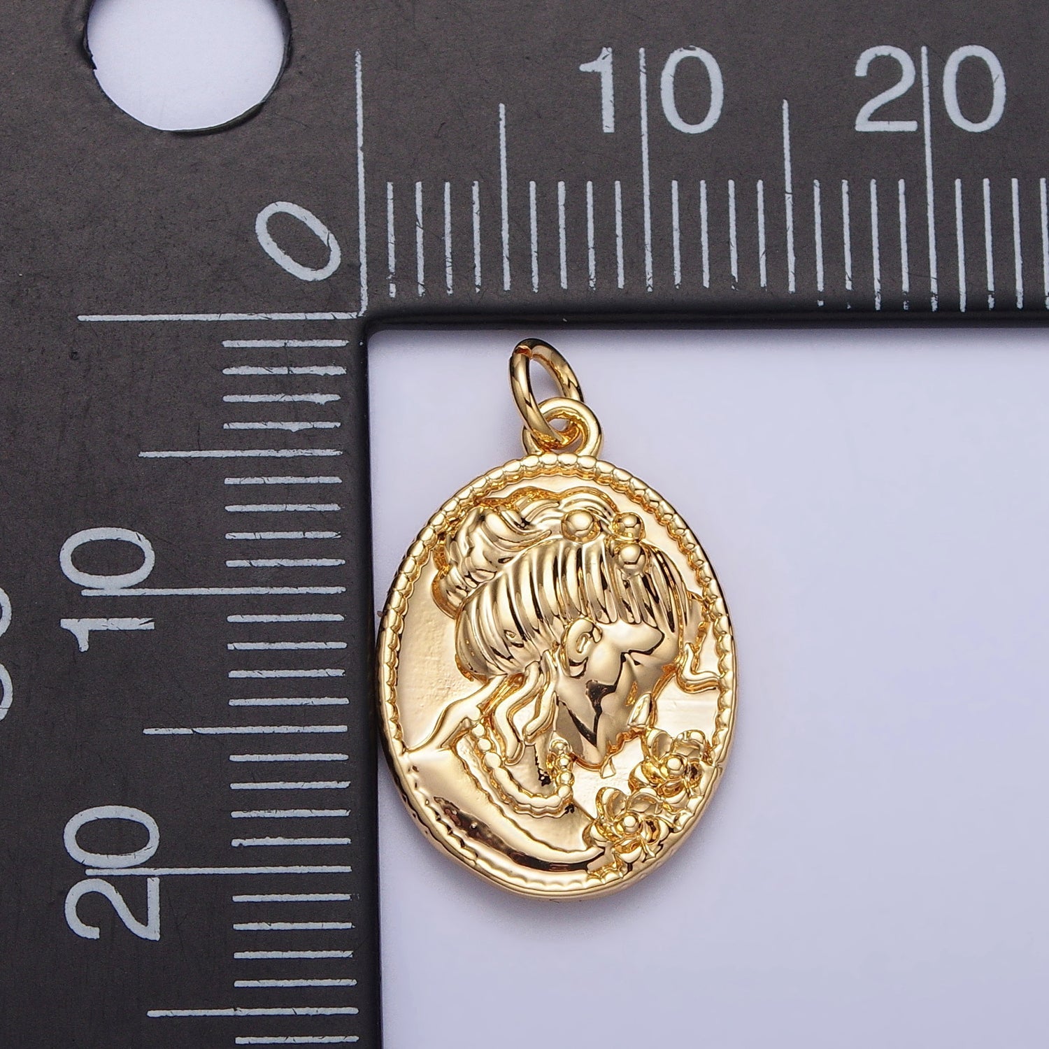 Double Sided Portrait of Victorian Lady Flower Pearl Cameo Oval Charm in Gold & Silver | AC299 AC300