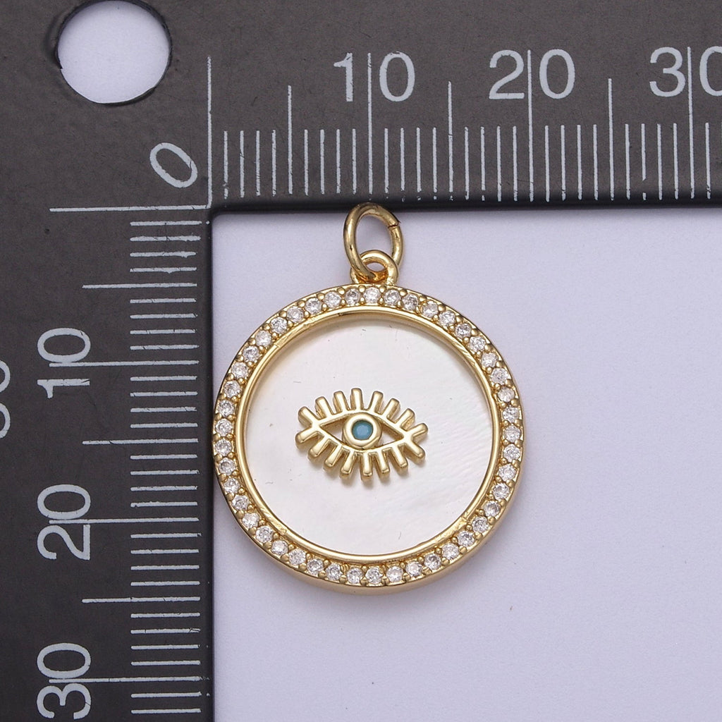 14K Gold plated Medallion Charm Mother of Pearl, Micro Pave Evil eye Pendant For Minimalist Jewelry - DLUXCA