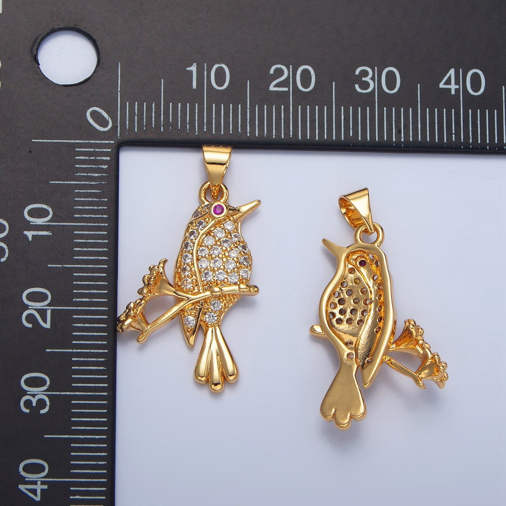 24K Gold plated Flower Song Bird Micro Paved CZ Pendant | AA783