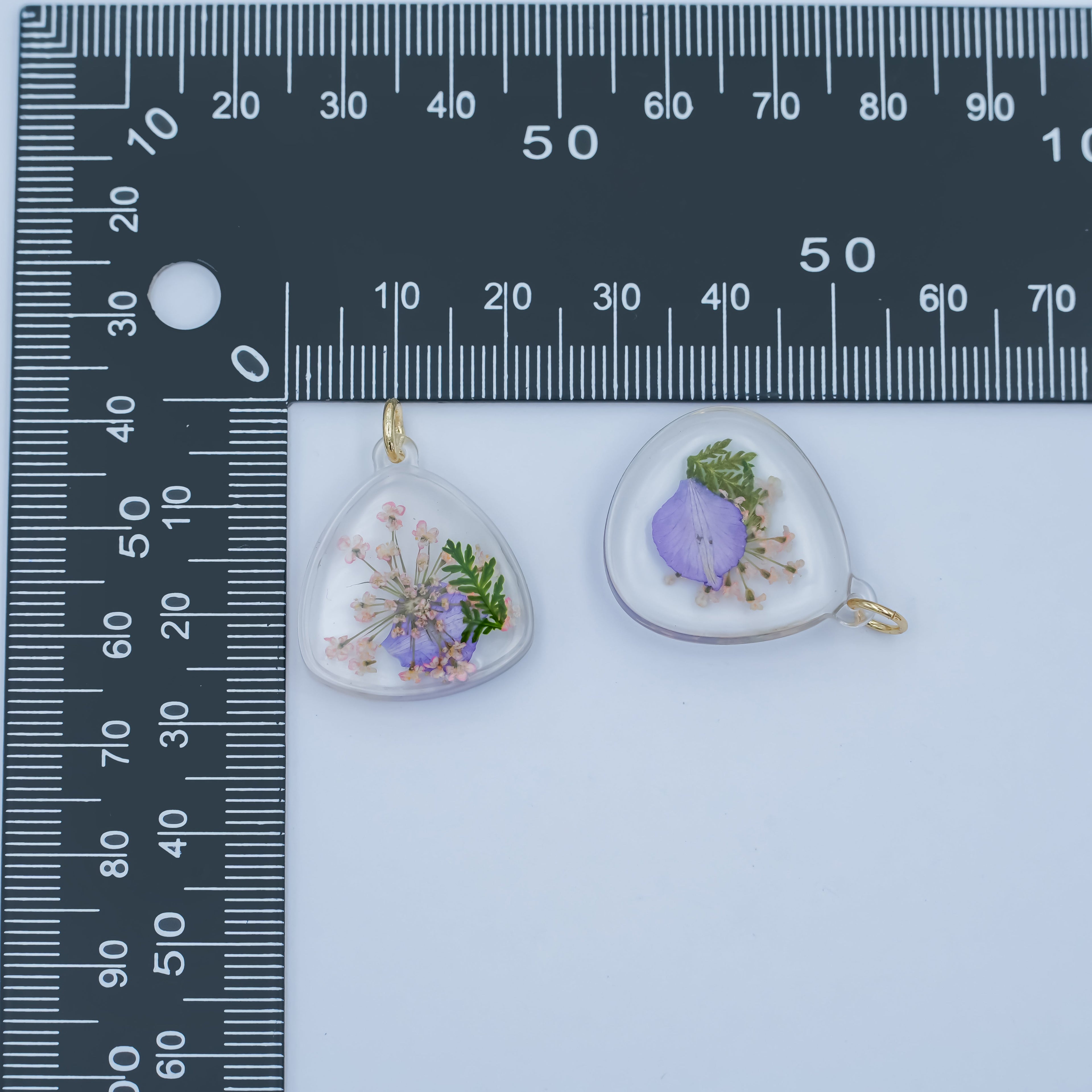 Handmade Pressed Blue Pink Flower Triangle Resin Charm | N060