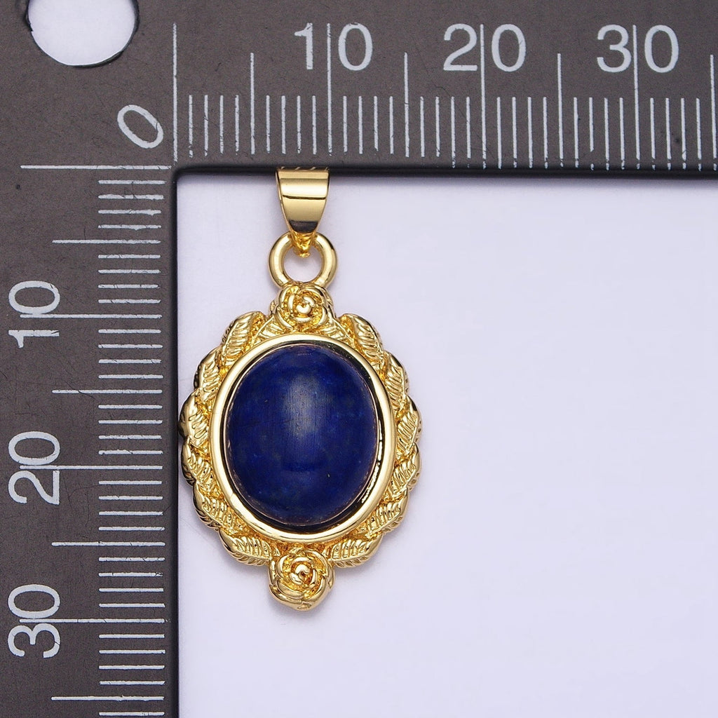 24K Gold plated 29mm Lapis Lazuli, Malachite, Moss Agate Cabochon Gemstone Leaf Rose Bezel Pendant | AA286 - AA288