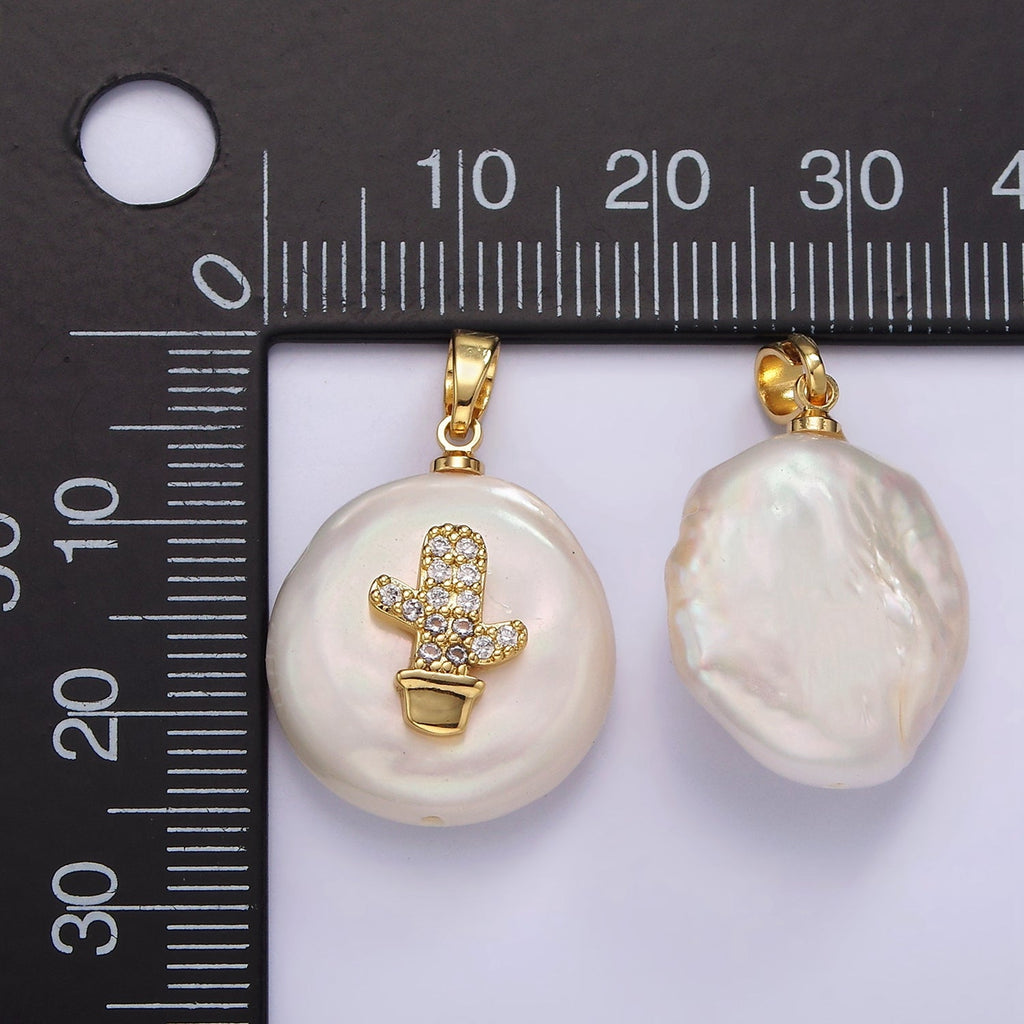 14K Gold plated 30mm Micro Paved CZ Cactus Plant Round Keishi Freshwater Pearl Pendant | P1667