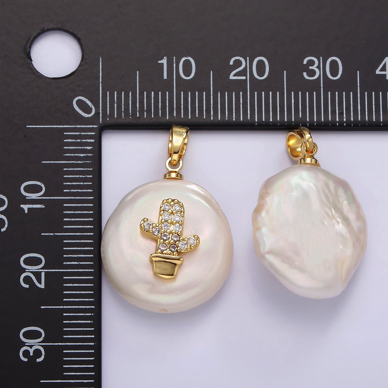 14K Gold plated 30mm Micro Paved CZ Cactus Plant Round Keishi Freshwater Pearl Pendant | P1667
