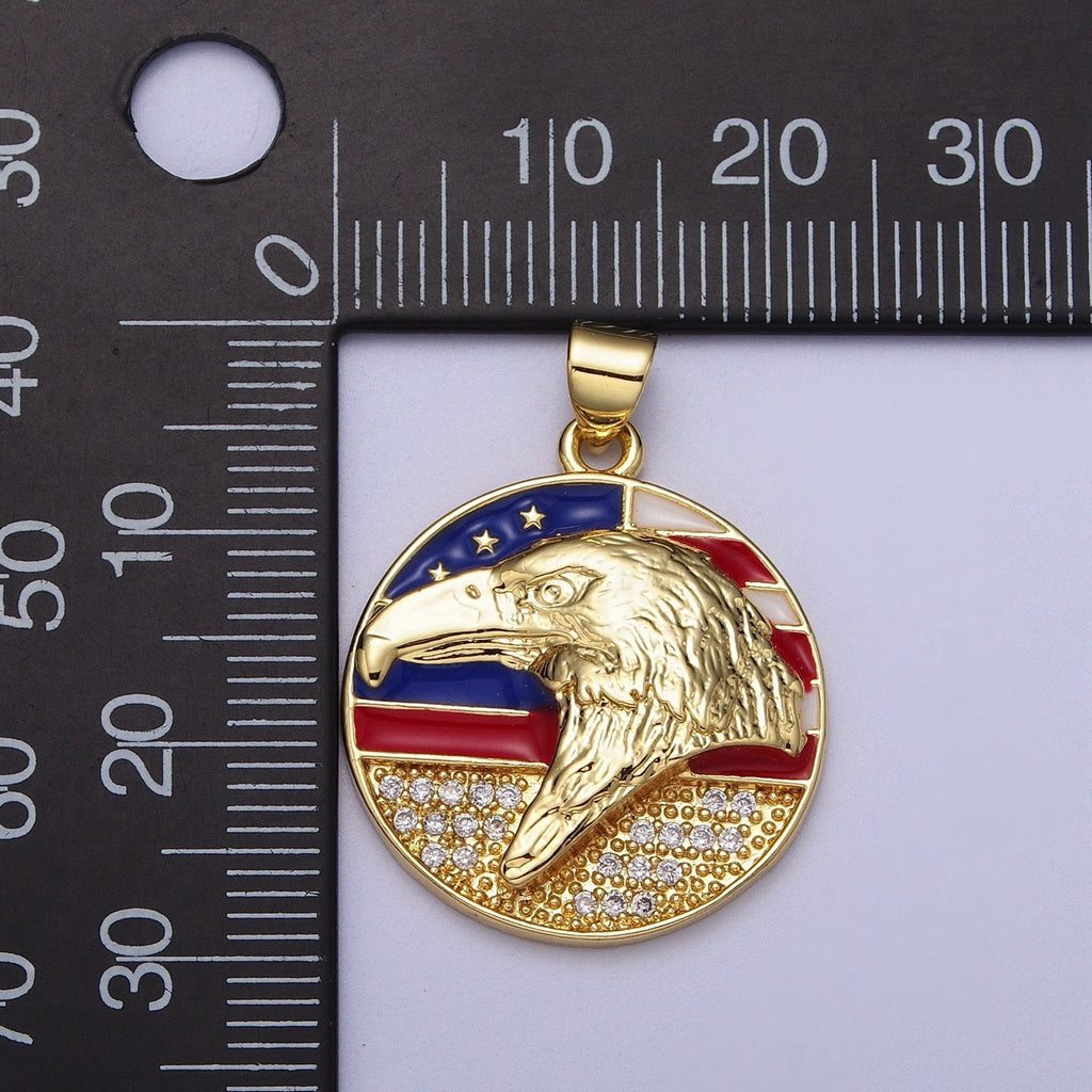 24K Gold plated Micro Paved American Eagle Flag Enamel Round Pendant | I188 - DLUXCA