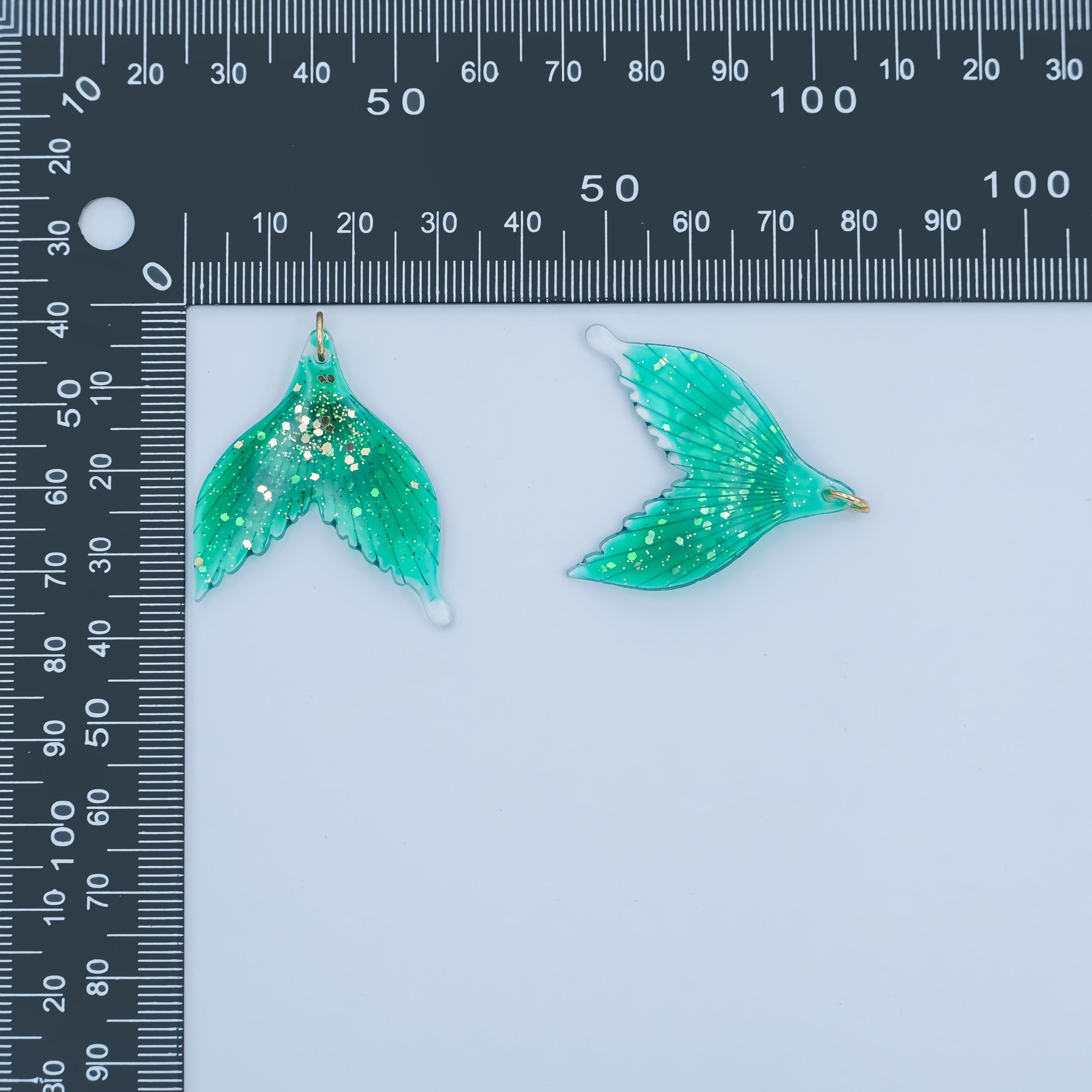 24K Gold plated 34.5mm Green Gold-Fleck Mermaid Whale Fish Tail Acrylic Charm | N067