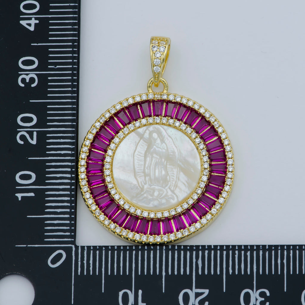 14K Gold plated Mary Lady Guadalupe Fuchsia, Green, Multicolor Baguette Round Pendant | I105 - I108