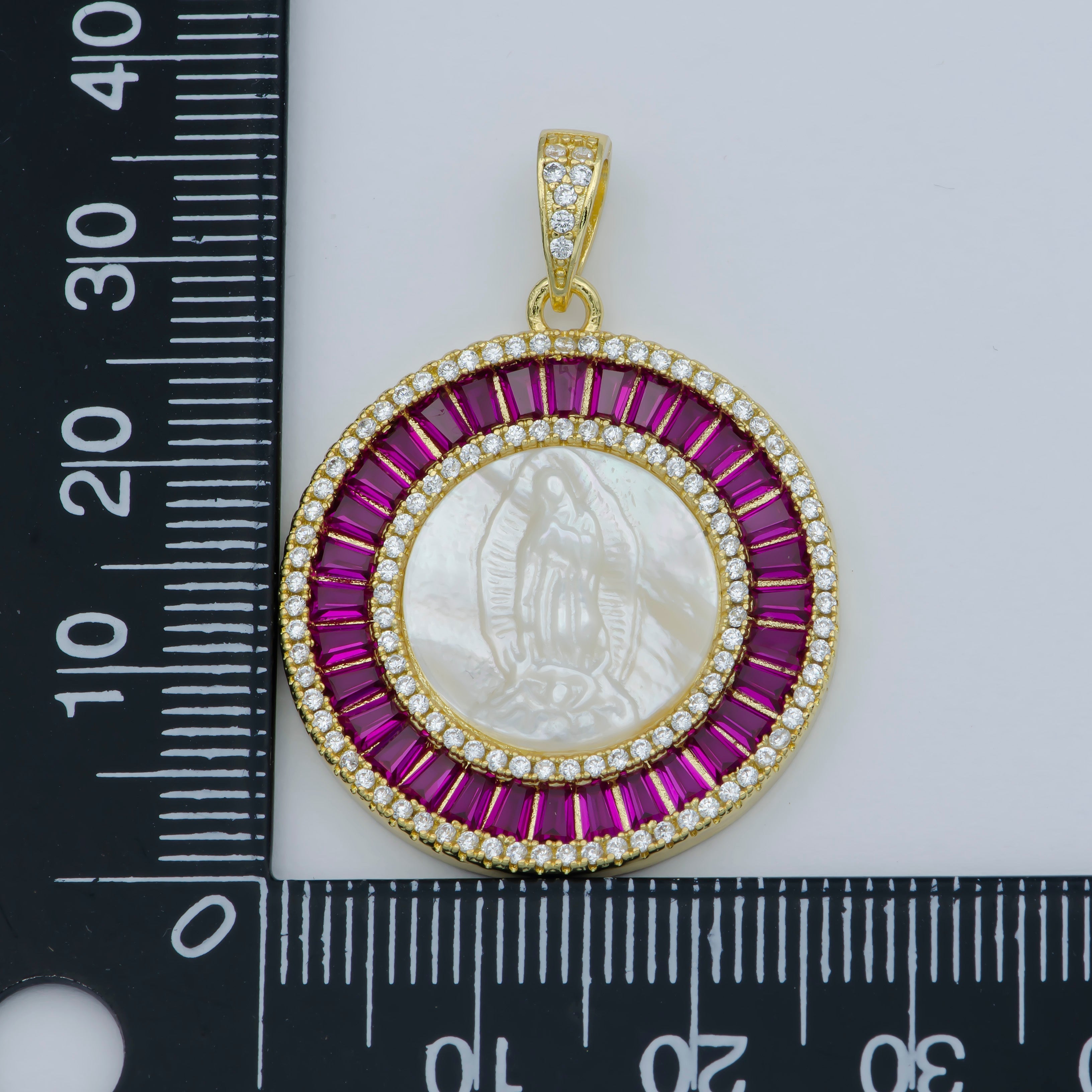14K Gold plated Mary Lady Guadalupe Fuchsia, Green, Multicolor Baguette Round Pendant | I105 - I108