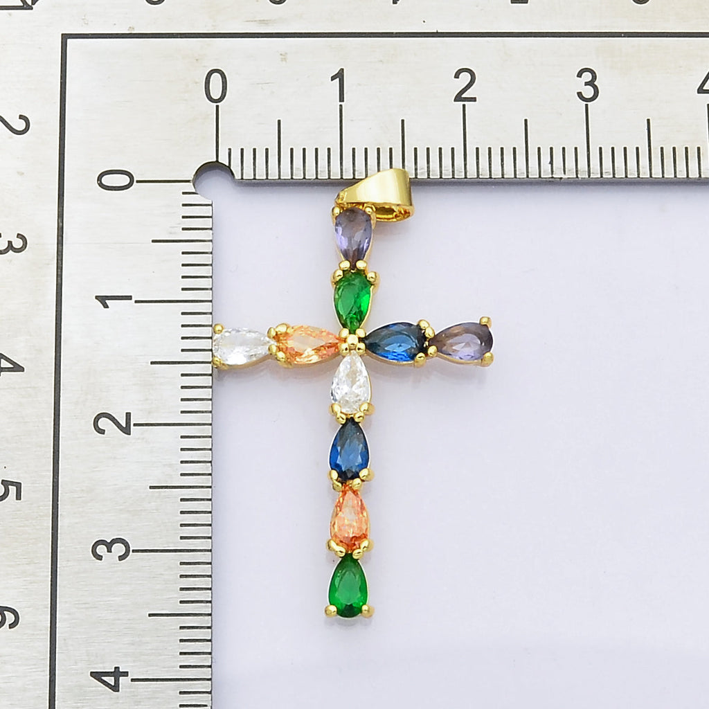 24K Gold plated Cross charm Colorful Cz Pendant for Necklace Earring Religious Jewelry Making Supply N-1450