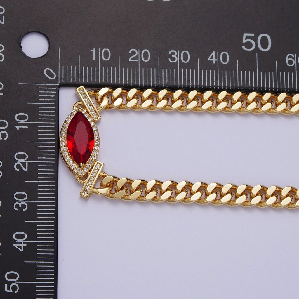 16K Gold plated 6mm Marquise Micro Paved CZ Solitaire Curb Chain 18 Inch Necklace | WA-01212