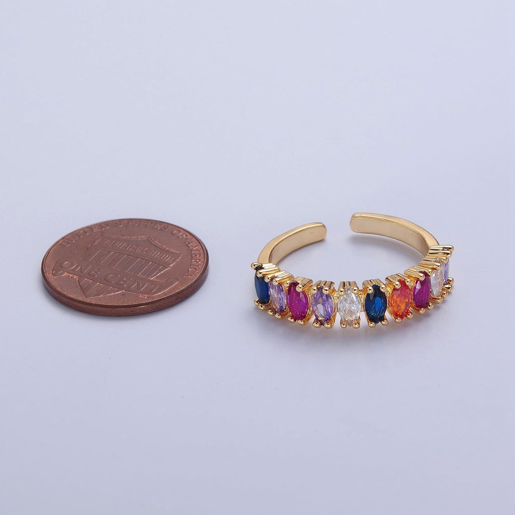 Multi Color Marquise Pave Ring Rainbow Statement Ring Open Adjustable V-336 - DLUXCA