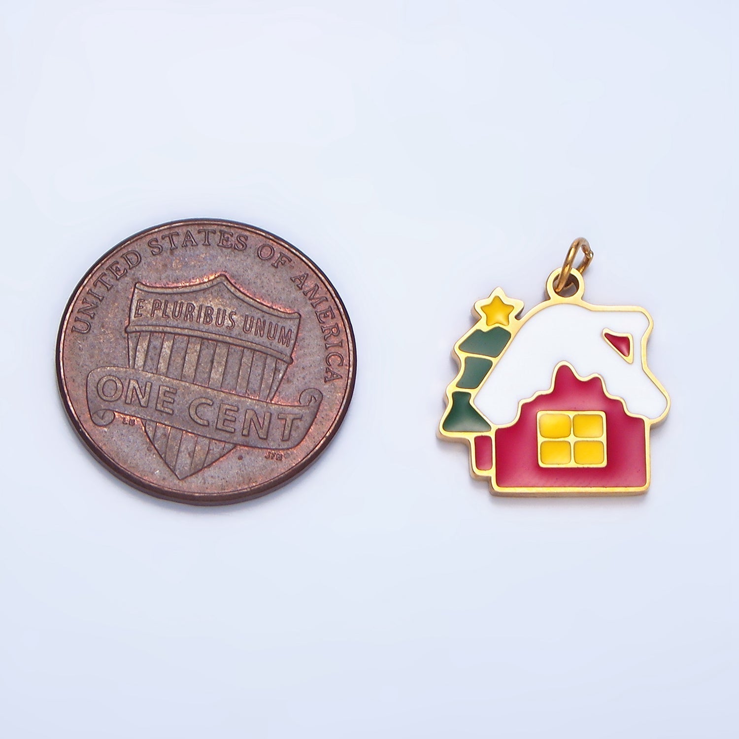 Stainless Steel Snowy House Christmas Tree Enamel Christmas Holiday Charm | P1374