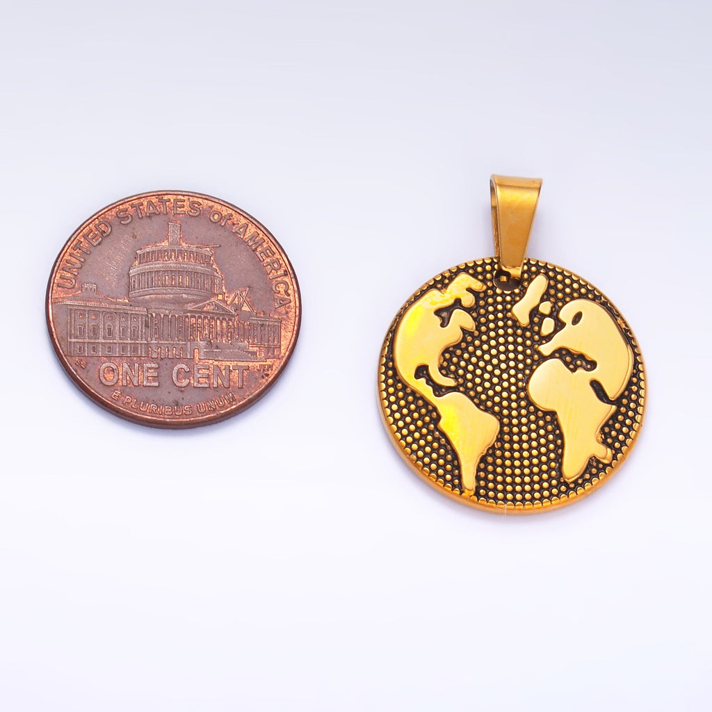 Stainless Steel Dotted World Map Round Pendant | P1082