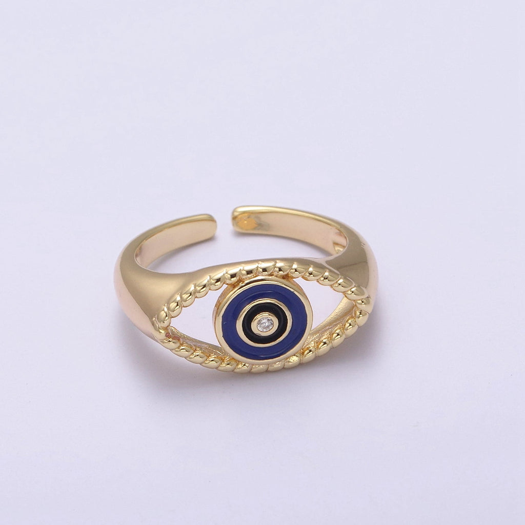 24K Gold plated Blue, White, Black, Pink Enamel CZ Open Evil Eye Signet Ring | U254 - U257