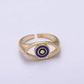 24K Gold plated Blue, White, Black, Pink Enamel CZ Open Evil Eye Signet Ring | U254 - U257