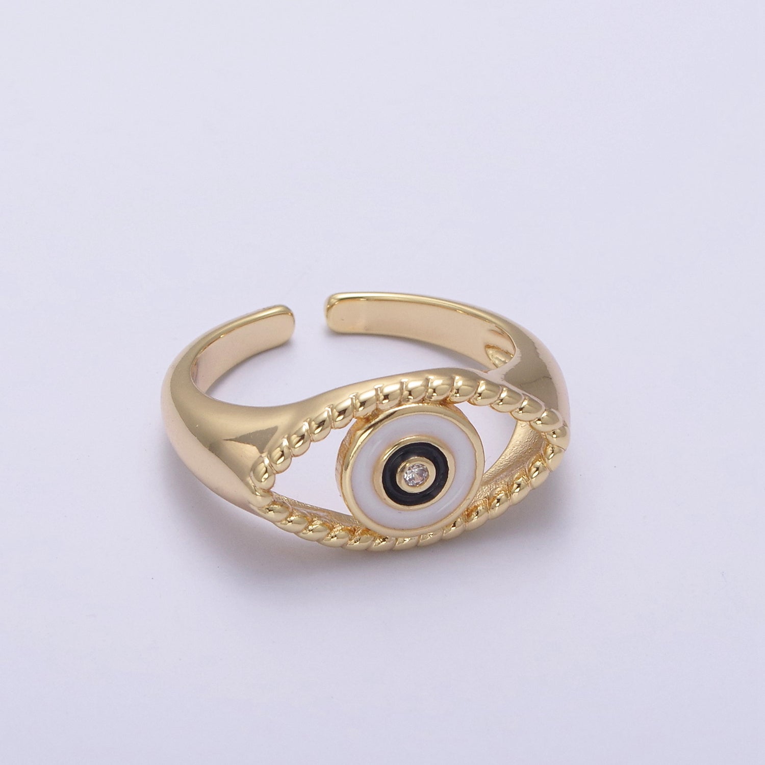 24K Gold plated Blue, White, Black, Pink Enamel CZ Open Evil Eye Signet Ring | U254 - U257