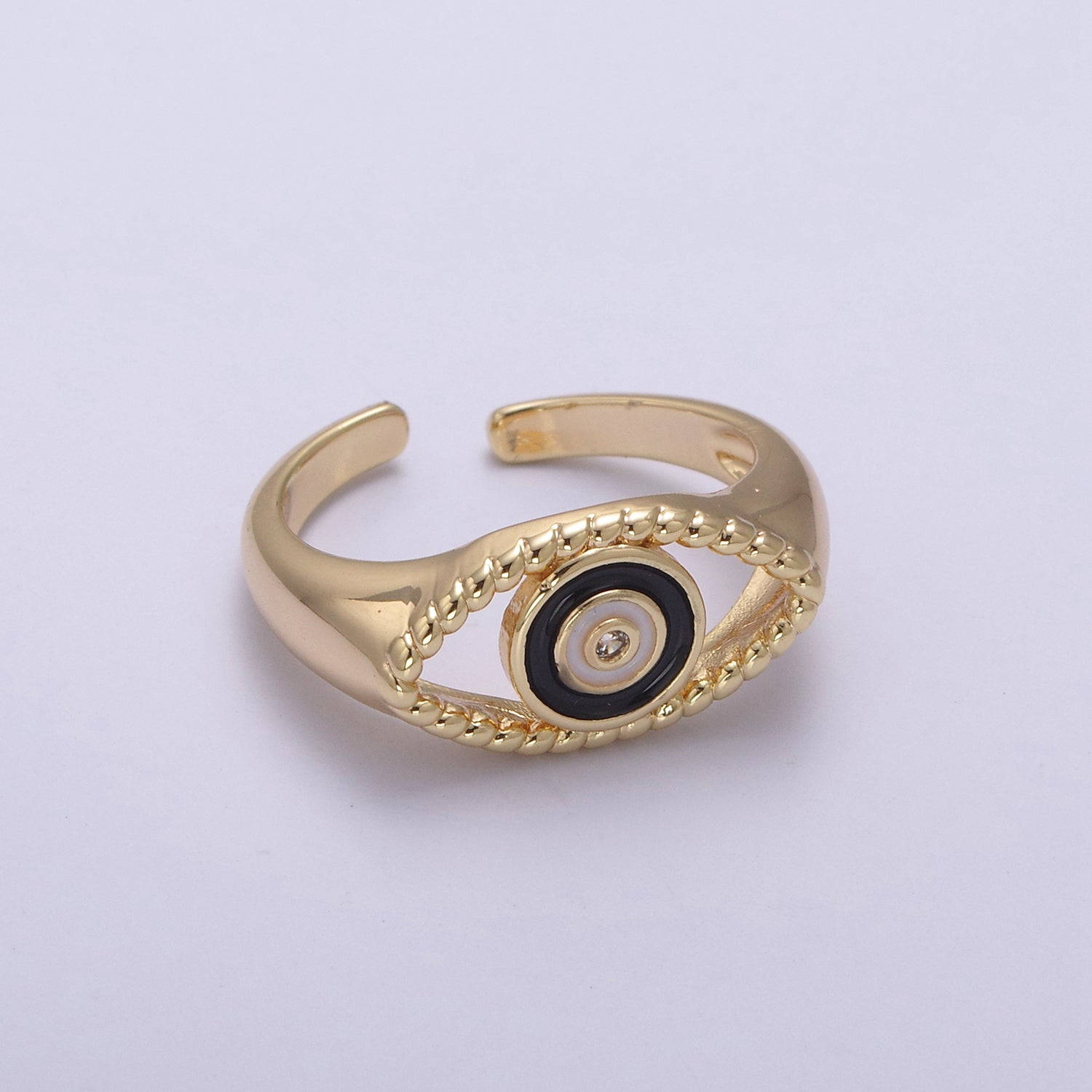 24K Gold plated Blue, White, Black, Pink Enamel CZ Open Evil Eye Signet Ring | U254 - U257